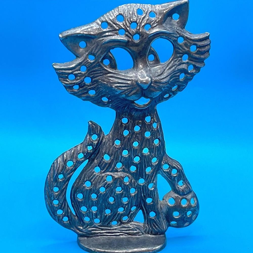 Vintage Cat Earring Holder Organizer Figurine Silver Tone Pierced Filigree MCM